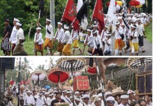 タロ村のバロン祭りで、正装した人々とバロンが寺院へ向かう行列