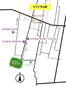 ウブド中心部にあるコマネカ3ホテルの位置関係を示した地図