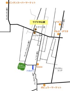 ウブド中心部のCoco、デルタ・デワタ、ポピュラーマーケットなどの位置を示した地図