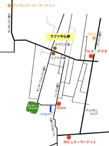 ウブド中心部のCoco、デルタ・デワタ、ポピュラーマーケットなどの位置を示した地図