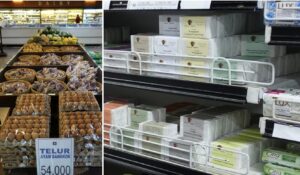 ウブドのスーパーに並ぶ卵と、冷蔵棚で販売されている豆腐